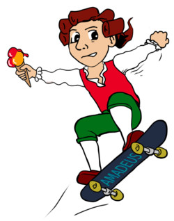 Amadeus mit Eis auf dem Skateboard