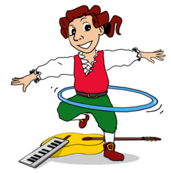 Amadeus mit HulaHoopReifen Guitarre und Keyboard