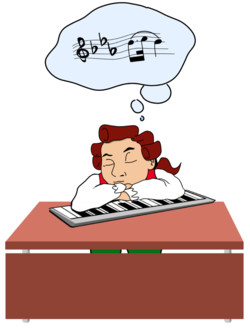 Amadeus traeumt am Schreibtisch